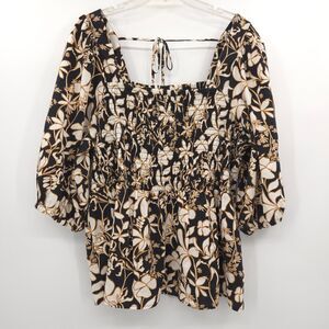 Ava & Viv Smocked PeplumTop plus Size 1X black floral Puff Elbow Sleeve boho